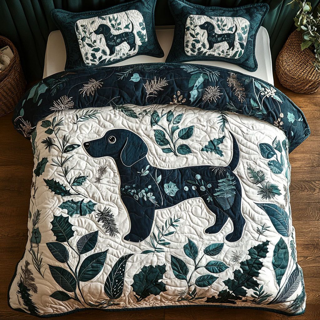 Holly Hound quilted 3-piece bedding set on a made bed with two matching pillow shams