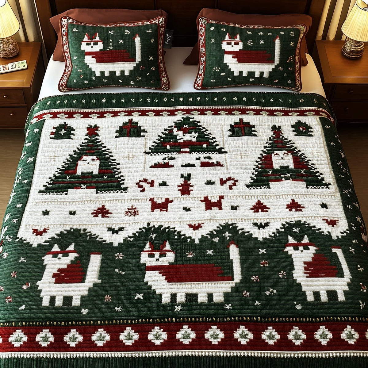 Holly Jolly Cats quilted 3-piece bedding set on a made bed with two matching pillow shams