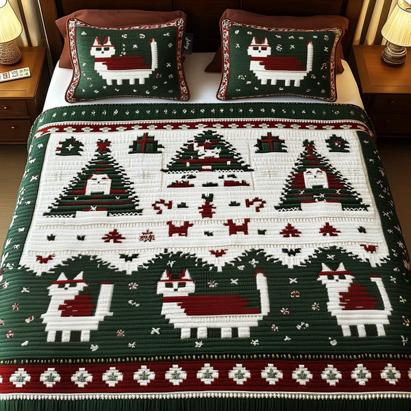 Holly Jolly Cats quilted 3-piece bedding set on a made bed with two matching pillow shams