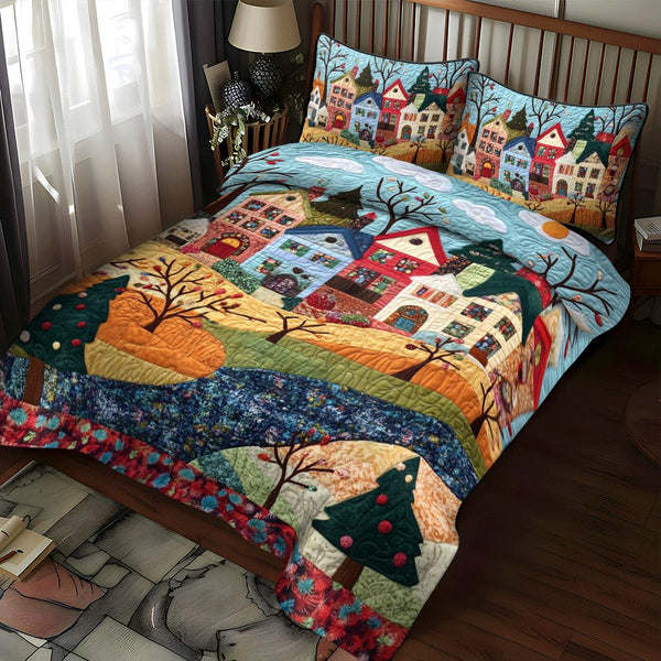 Holly Jolly Comfort quilted 3-piece bedding set on a made bed with two matching pillow shams