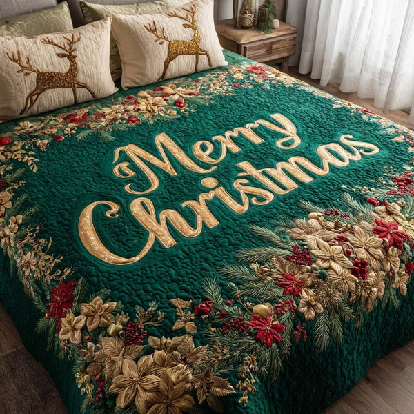 Holly Jolly Forest quilted 3-piece bedding set on a made bed with two matching pillow shams