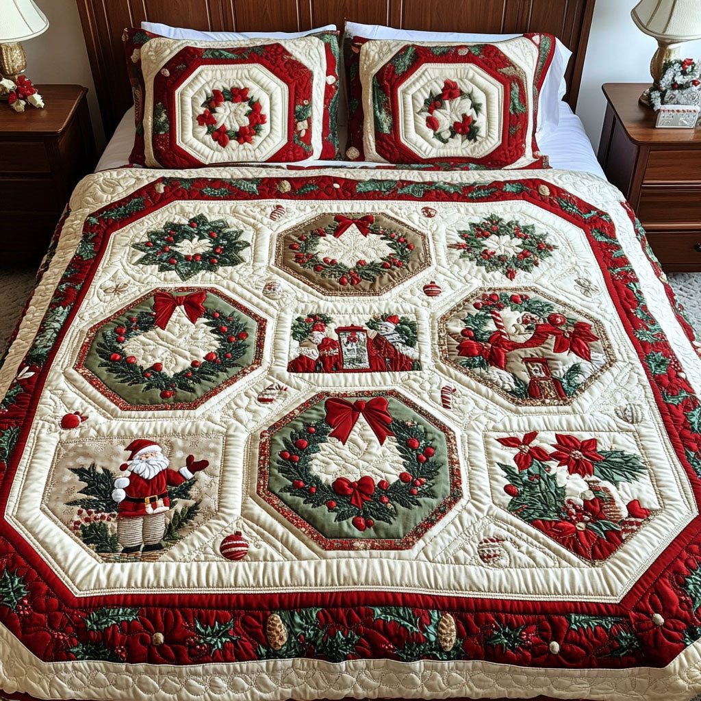 Holly Jolly Haven quilted 3-piece bedding set on a made bed with two matching pillow shams