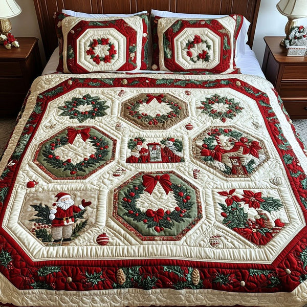 Holly Jolly Haven quilted 3-piece bedding set on a made bed with two matching pillow shams