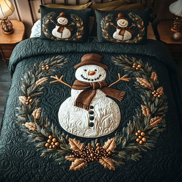 Holly Jolly Retreat quilted 3-piece bedding set on a made bed with two matching pillow shams