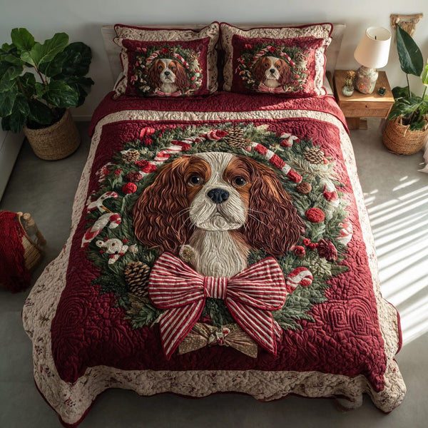 Holly King Charles quilted 3-piece bedding set on a made bed with two matching pillow shams