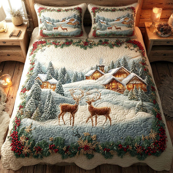 Holly Reindeer quilted 3-piece bedding set on a made bed in a winter-styled bedroom