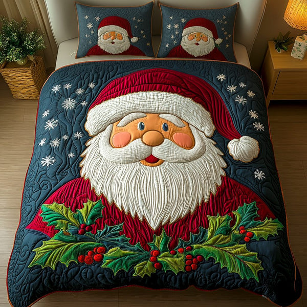 Holly Santa quilted 3-piece bedding set on a made bed in a winter-styled bedroom
