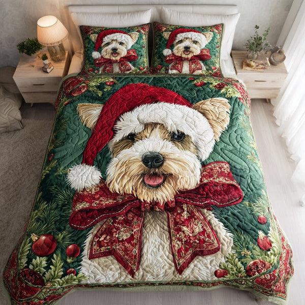 Holly Schnauzer Spirit quilted 3-piece bedding set on a made bed with two matching pillow shams