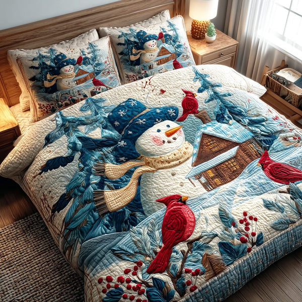Holly Snowlight Town quilted 3-piece bedding set on a made bed with two matching pillow shams