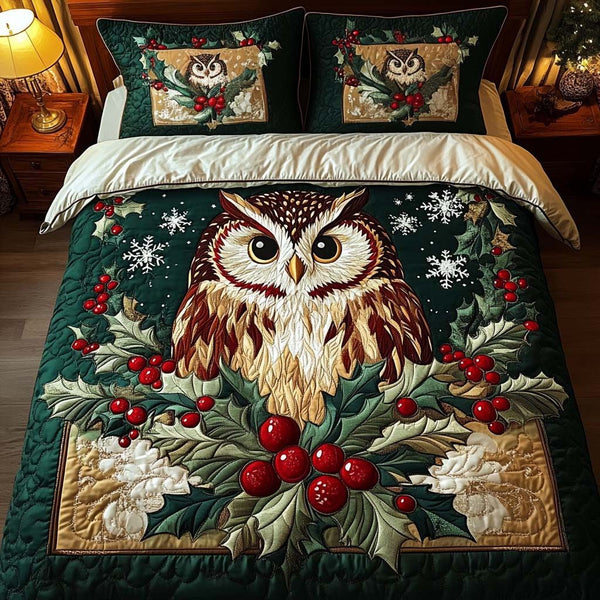 Holly Spirit quilted 3-piece bedding set on a made bed with two matching pillow shams