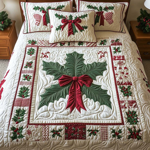 Holly Star Bow quilted 3-piece bedding set on a made bed with two matching pillow shams