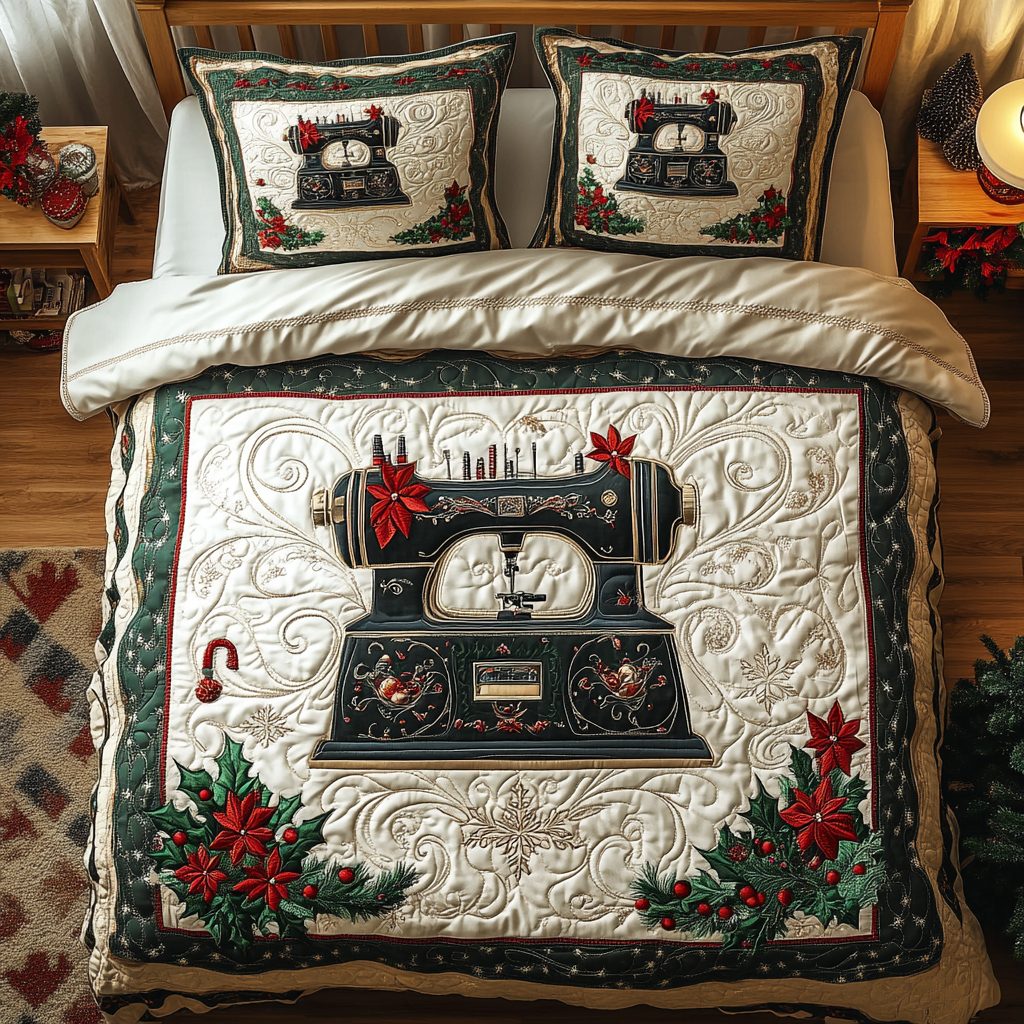Holly Stitch quilted 3-piece bedding set on a made bed with two matching pillow shams