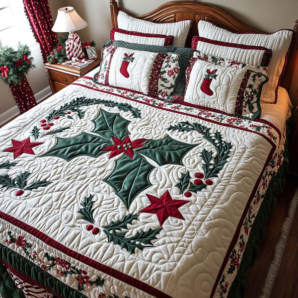 Holly Stocking Joy quilted 3-piece bedding set on a made bed in a winter-styled bedroom