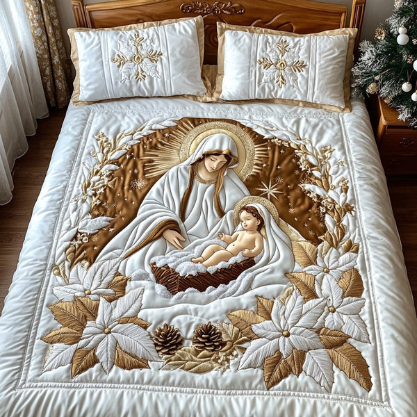Holy and Gold quilted 3-piece bedding set on a made bed in a softly lit bedroom