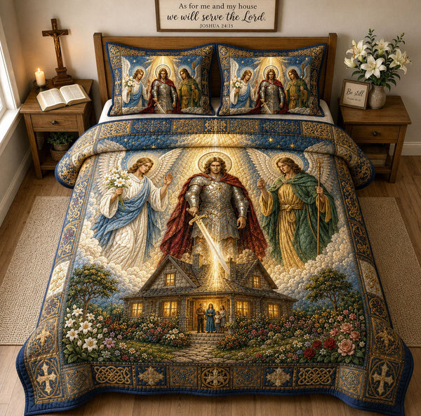 Holy Archangels Family Protection quilted 3-piece bedding set on a made bed in a softly lit bedroom