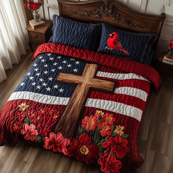 Holy Cross quilted 3-piece bedding set on a made bed in a softly lit bedroom
