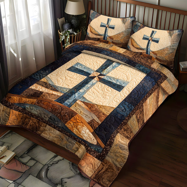 Holy Embrace quilted 3-piece bedding set on a made bed in a softly lit bedroom