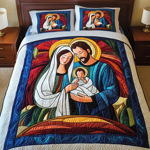 Holy Embrace quilted 3-piece bedding set on a made bed in a softly lit bedroom