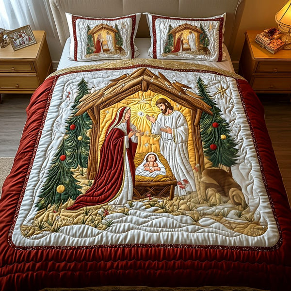 Holy Family Haven quilted 3-piece bedding set on a made bed in a softly lit bedroom