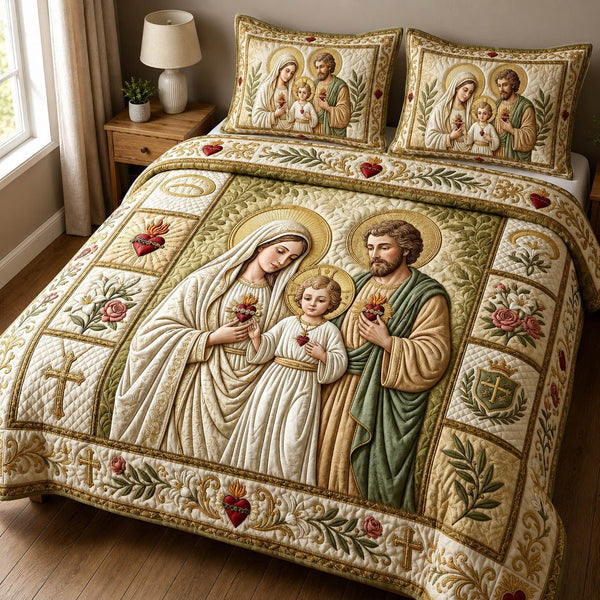 Holy Family quilted 3-piece bedding set on a made bed in a softly lit bedroom
