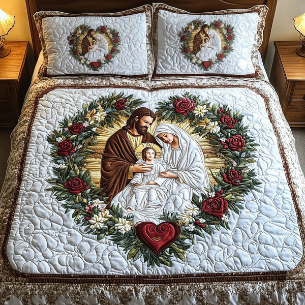 Holy Family quilted 3-piece bedding set on a made bed in a softly lit bedroom