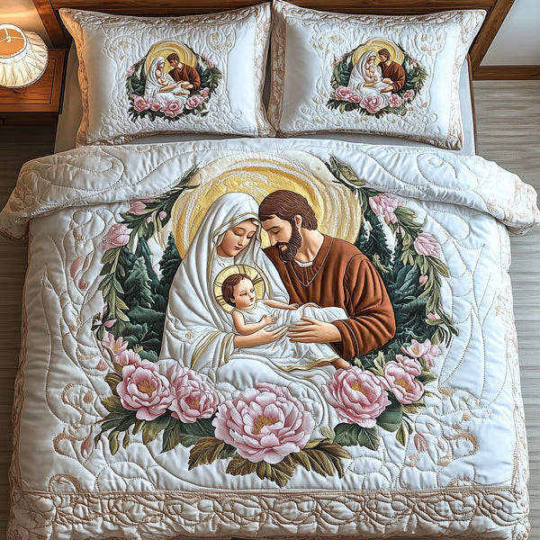 Holy Family quilted 3-piece bedding set on a made bed in a softly lit bedroom