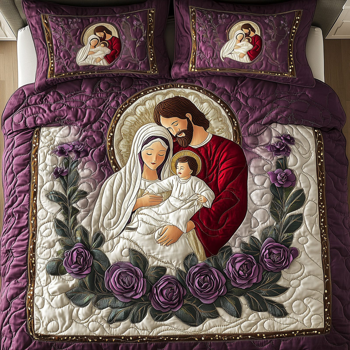 Holy Family quilted 3-piece bedding set on a made bed in a softly lit bedroom