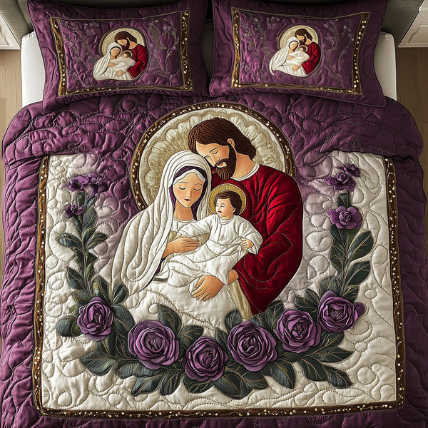 Holy Family quilted 3-piece bedding set on a made bed in a softly lit bedroom