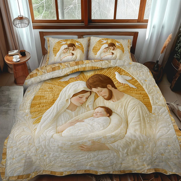 Holy Family quilted 3-piece bedding set on a made bed in a softly lit bedroom