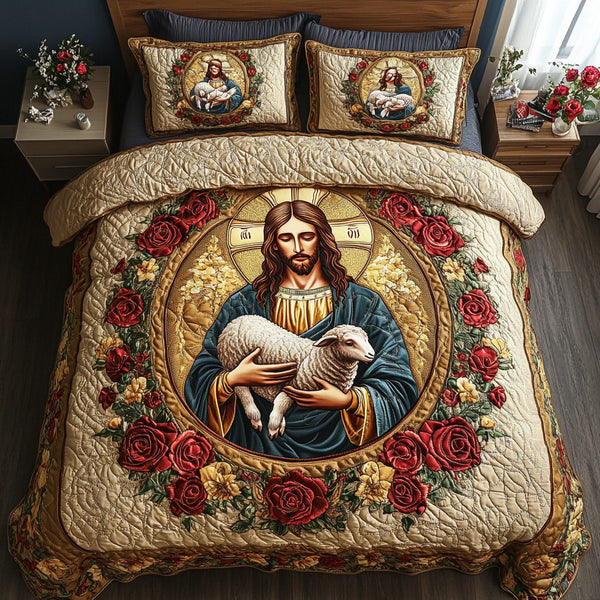 Holy Grace quilted 3-piece bedding set on a made bed in a softly lit bedroom
