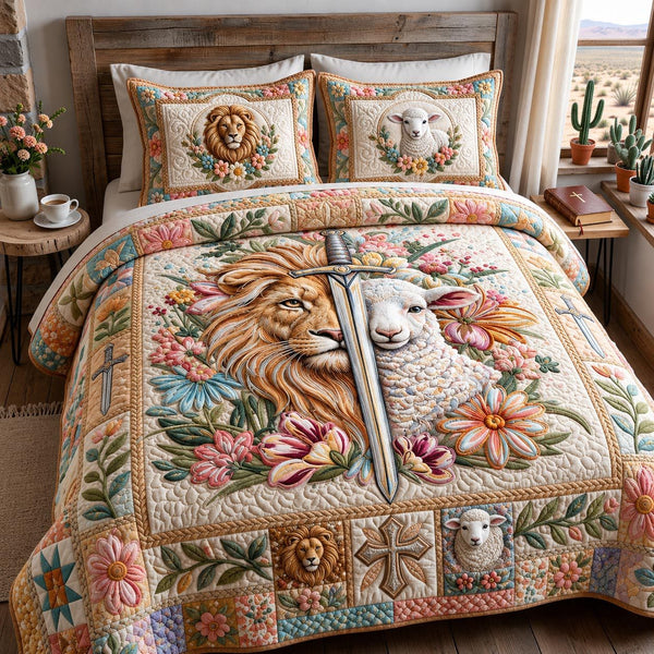 Holy Harmony quilted 3-piece bedding set on a made bed in a softly lit bedroom