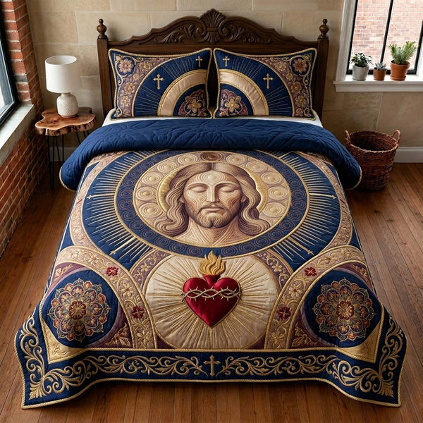 Holy Heart Medallion quilted 3-piece bedding set on a made bed in a softly lit bedroom
