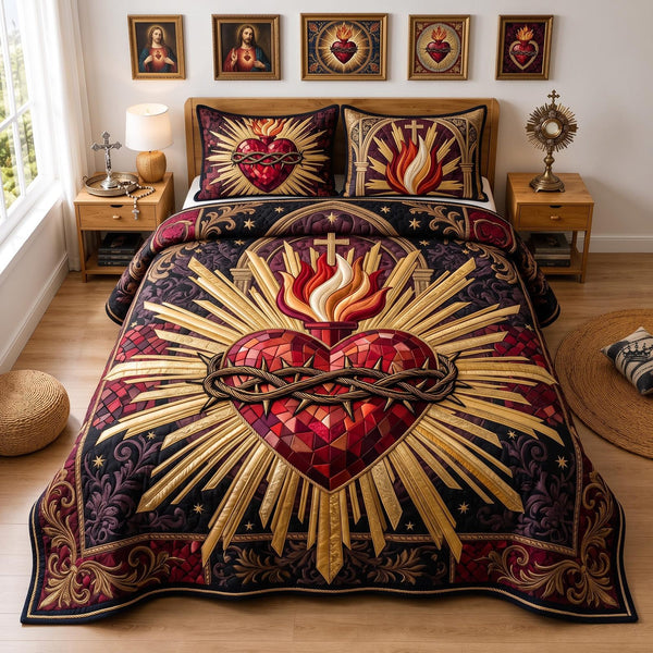 Holy Heart quilted 3-piece bedding set on a made bed in a softly lit bedroom