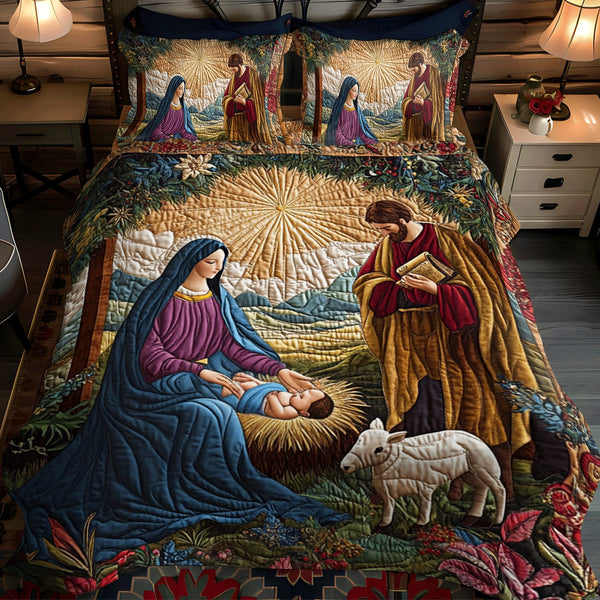 Holy Infant quilted 3-piece bedding set on a made bed in a softly lit bedroom