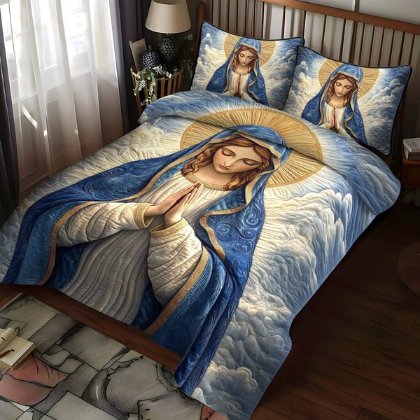 Holy Light quilted 3-piece bedding set on a made bed in a softly lit bedroom