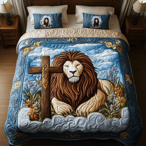 Holy Lion Embrace quilted 3-piece bedding set on a made bed in a softly lit bedroom