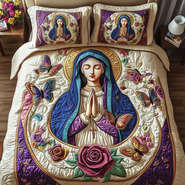 Holy Mary quilted 3-piece bedding set on a made bed in a softly lit bedroom