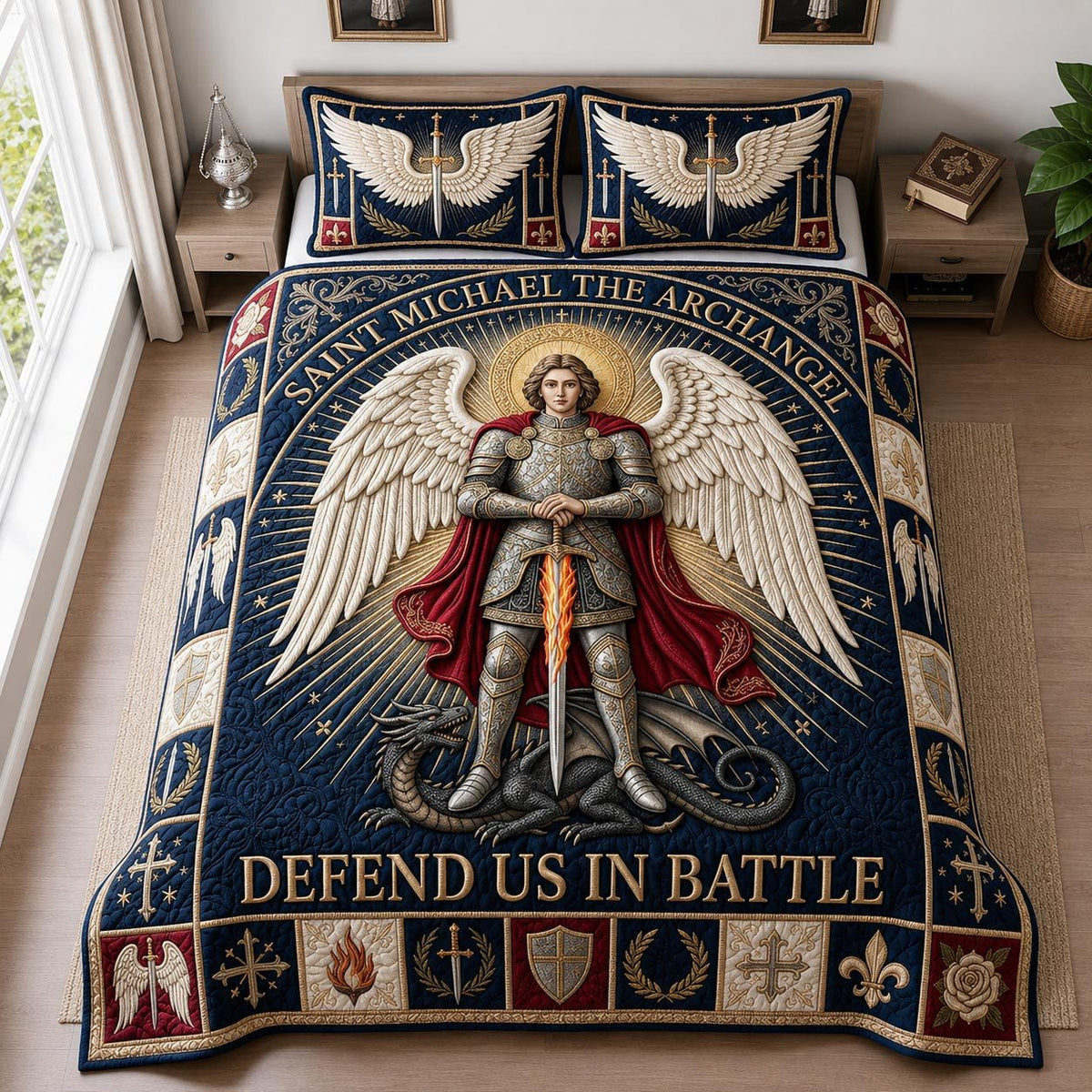 Holy Michael quilted 3-piece bedding set on a made bed in a softly lit bedroom
