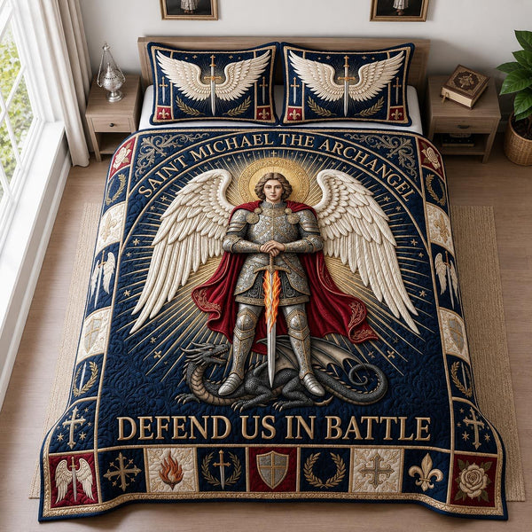 Holy Michael quilted 3-piece bedding set on a made bed in a softly lit bedroom