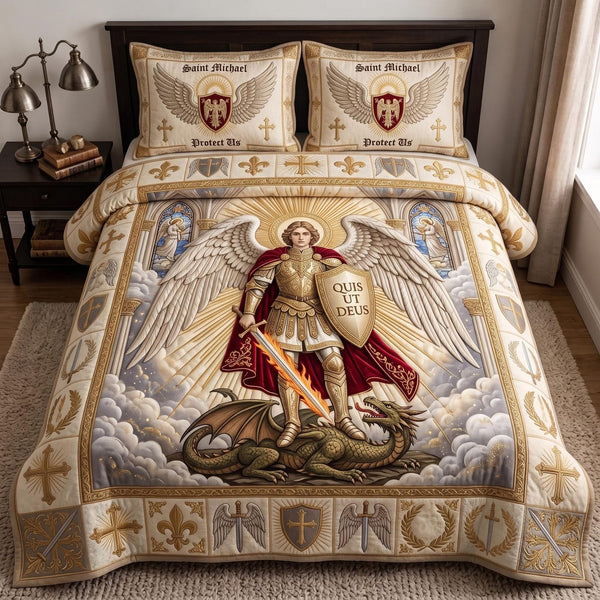Holy Michael quilted 3-piece bedding set on a made bed in a softly lit bedroom