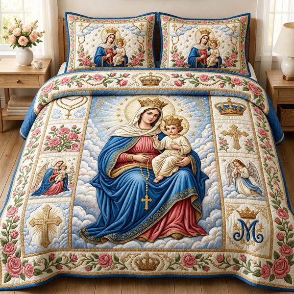 Holy Mother quilted 3-piece bedding set on a made bed in a softly lit bedroom