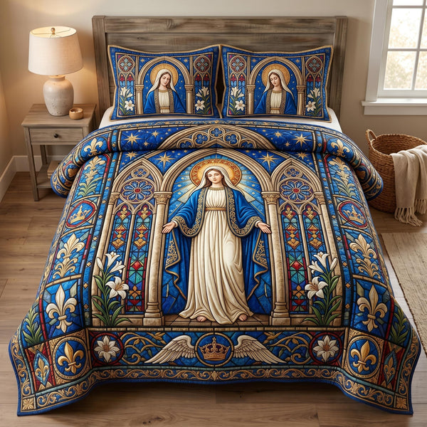 Holy Mother quilted 3-piece bedding set on a made bed in a softly lit bedroom