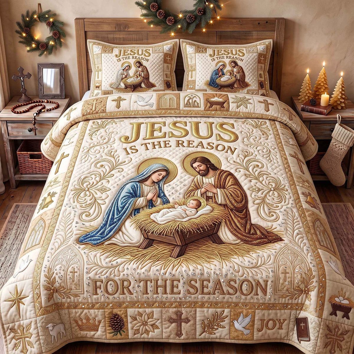 Holy Nativity quilted 3-piece bedding set on a made bed in a winter-styled bedroom
