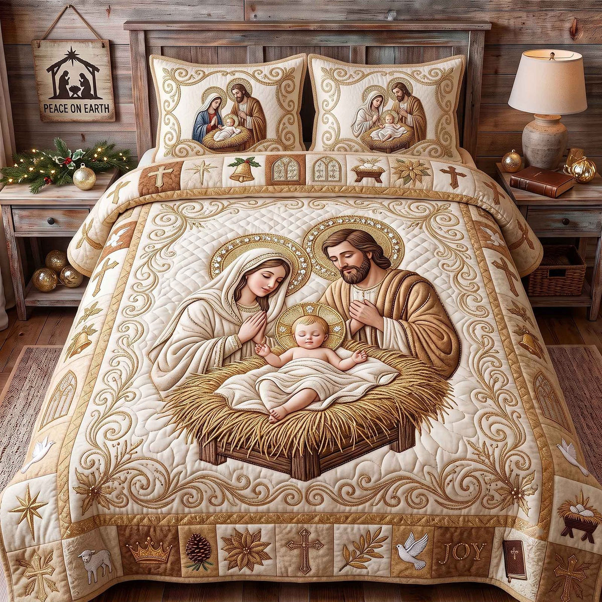 Holy Nativity quilted 3-piece bedding set on a made bed in a winter-styled bedroom