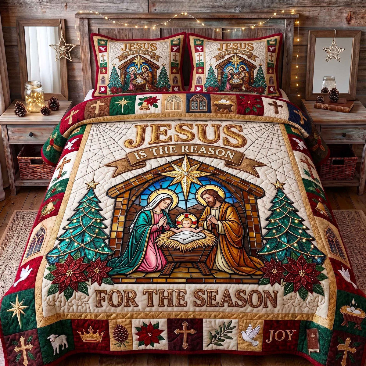 Holy Nativity quilted 3-piece bedding set on a made bed in a winter-styled bedroom