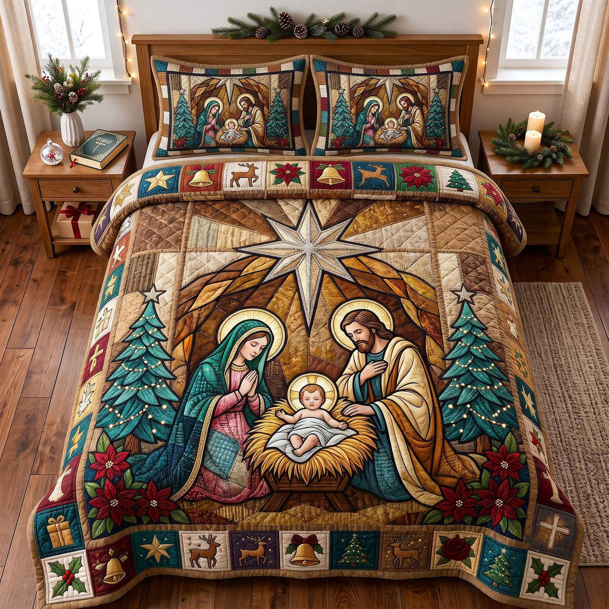 Holy Nativity quilted 3-piece bedding set on a made bed in a winter-styled bedroom
