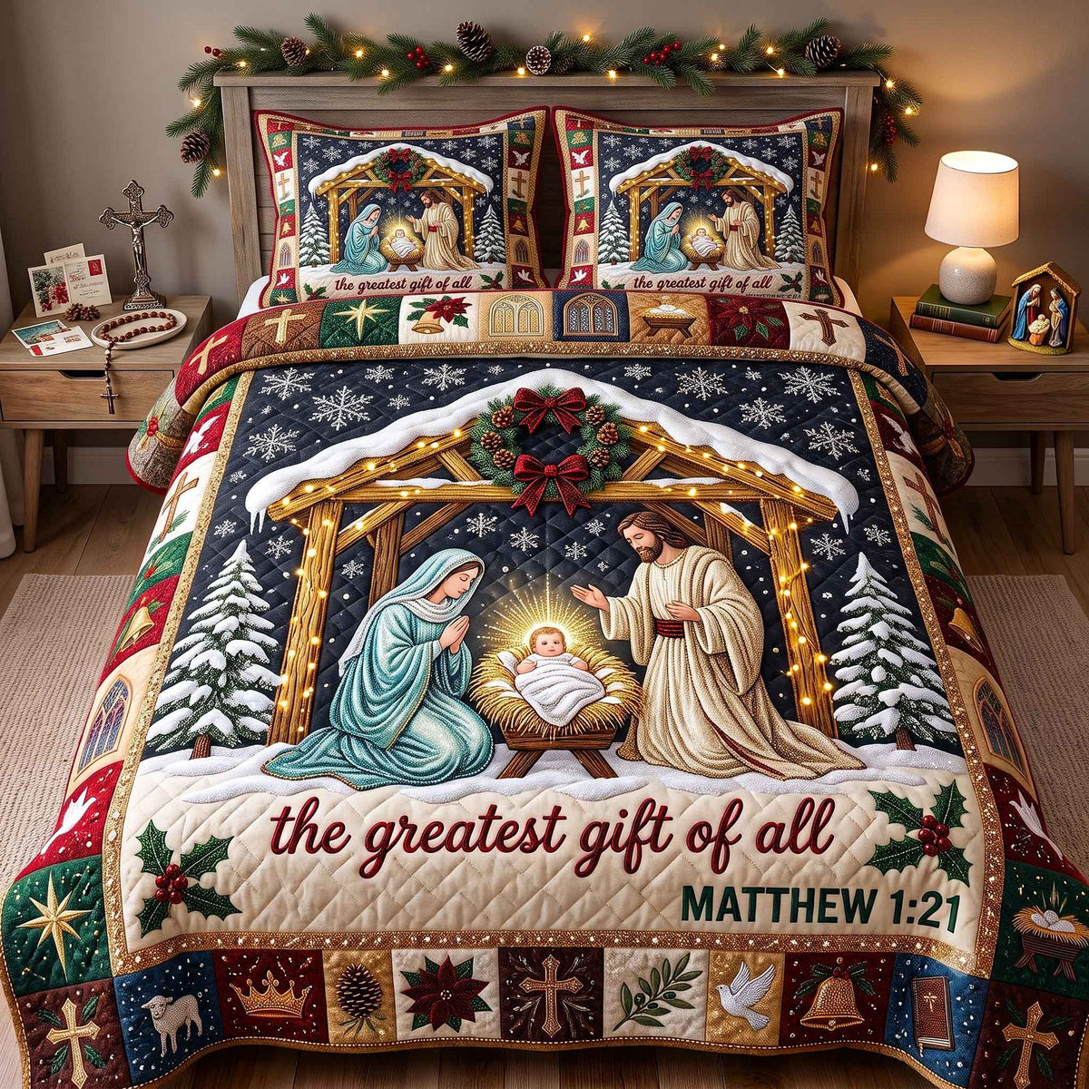 Holy Nativity quilted 3-piece bedding set on a made bed in a winter-styled bedroom
