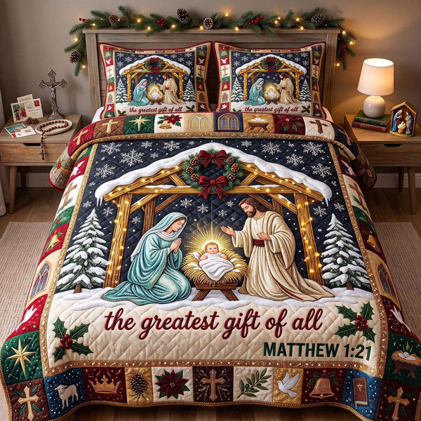 Holy Nativity quilted 3-piece bedding set on a made bed in a winter-styled bedroom