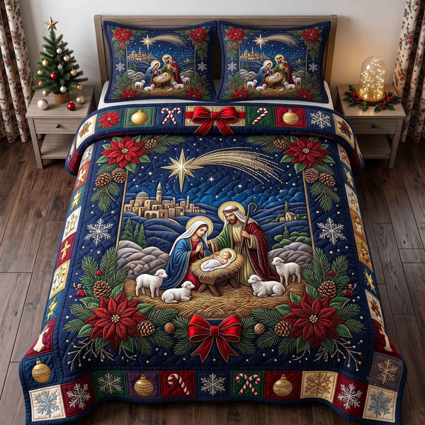 Holy Nativity quilted 3-piece bedding set on a made bed in a winter-styled bedroom