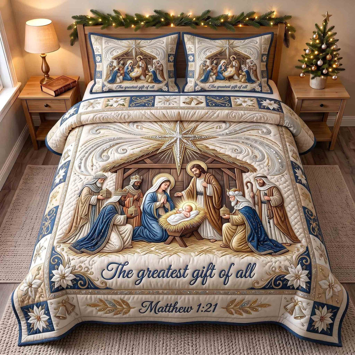 Holy Nativity quilted 3-piece bedding set on a made bed in a winter-styled bedroom